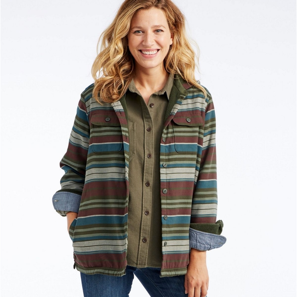 L.L. Bean Womens Fleece Lined Flannel Hoodie, Stripe XL